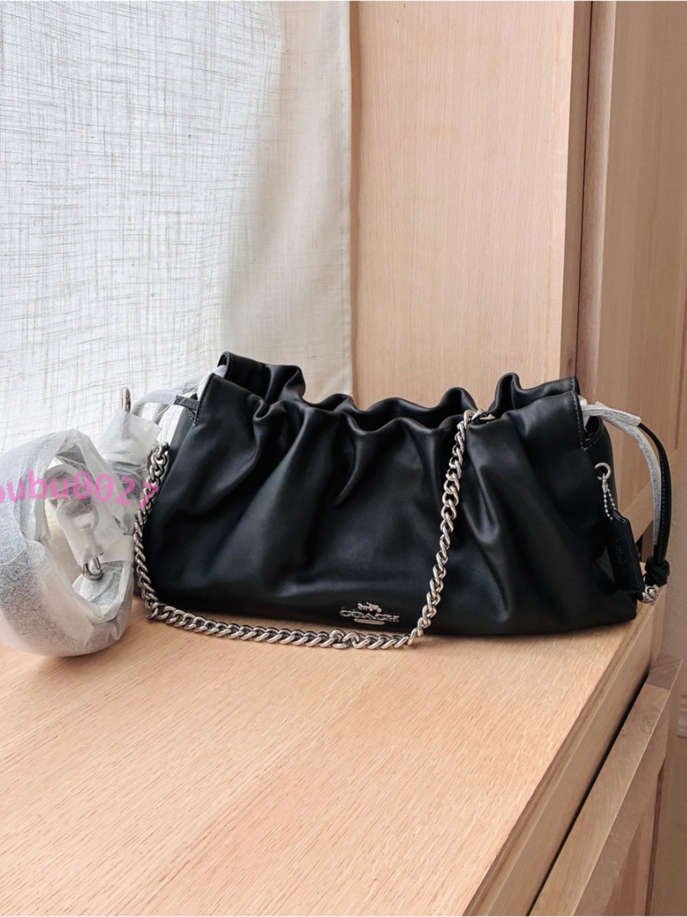 NWT🐨Coach Faye Large Shoulder Bag CCE68 Black Silver Chain Drawstring Two Way